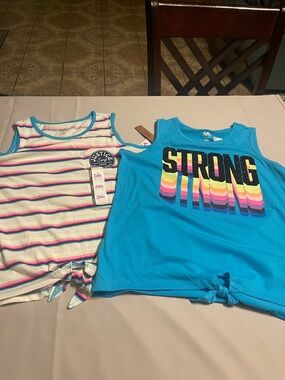 Justice Girls Blue Turquoise 'STRONG' Rainbow Graphic Tie-Front Tank Set